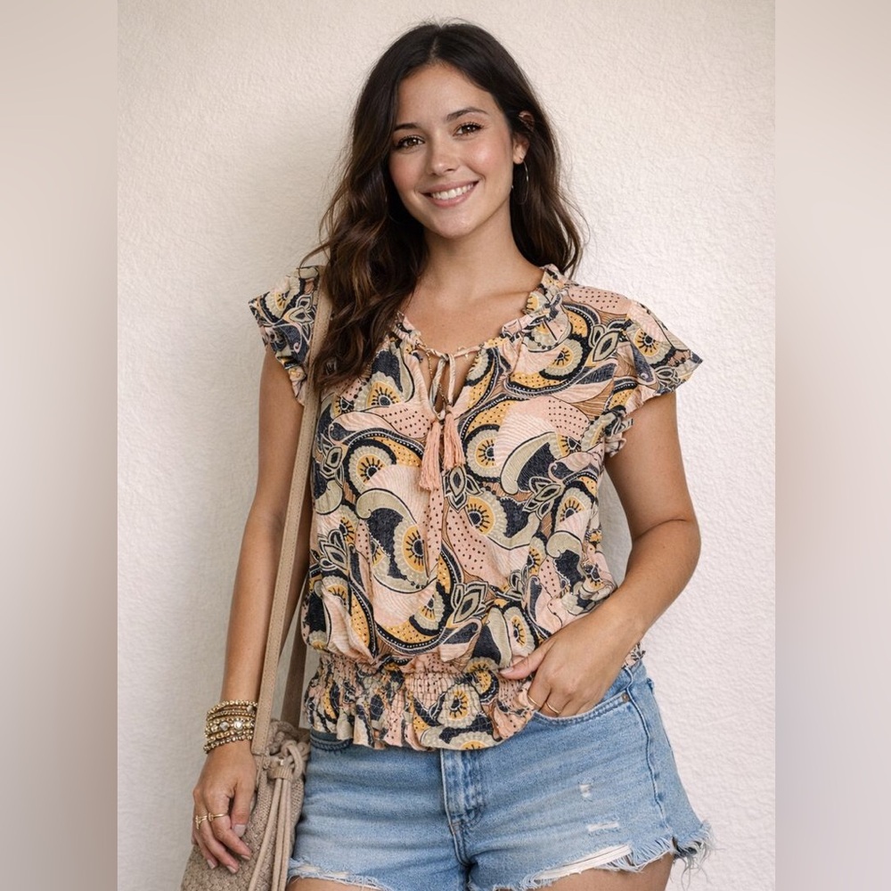 Cute Rose & Olive Flutter Sleeve Top Paisley W/ Pink Tassels Floral Retro Inspo - Picture 6 of 6
